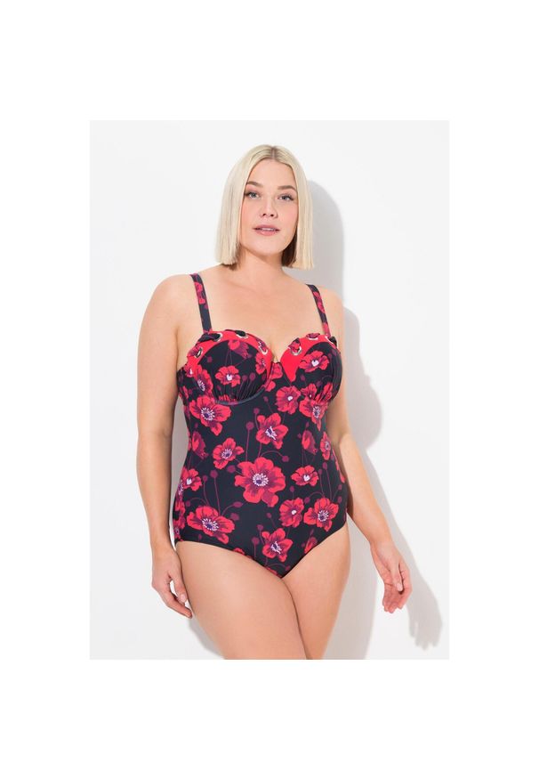 ULLA POPKEN - Damski Kostium kąpielowy kwiaty miękkie miseczki z fiszbinami. Kolekcja: plus size. Kolor: czarny. Materiał: elastan, poliamid, materiał. Wzór: kwiaty