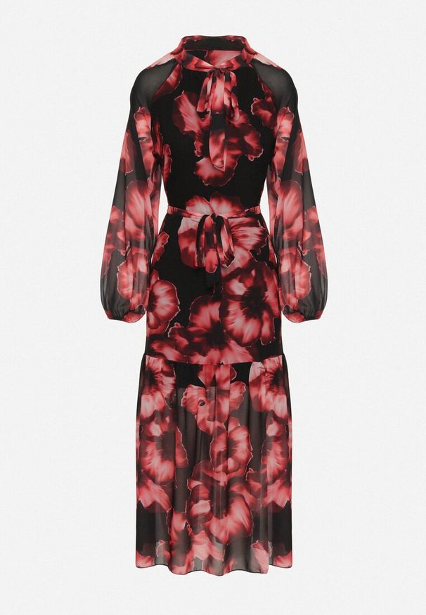 Born2be - Czarna Pudełkowa Sukienka w Kwiaty z Paskiem Nifle. Okazja: na co dzień. Kolor: czarny. Materiał: skóra. Wzór: kwiaty. Styl: elegancki, casual