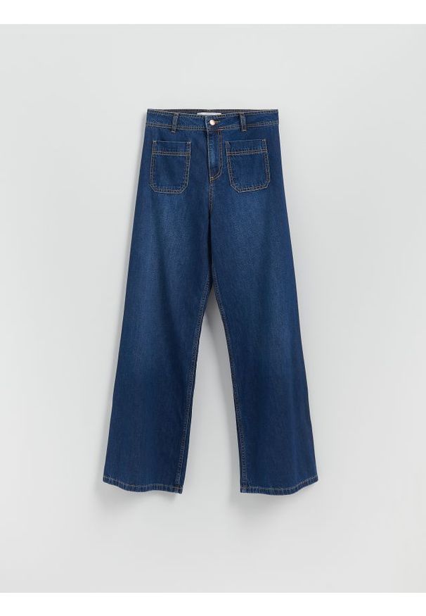 Reserved - Jeansy wide leg z naszywanymi kieszeniami - niebieski. Kolor: niebieski
