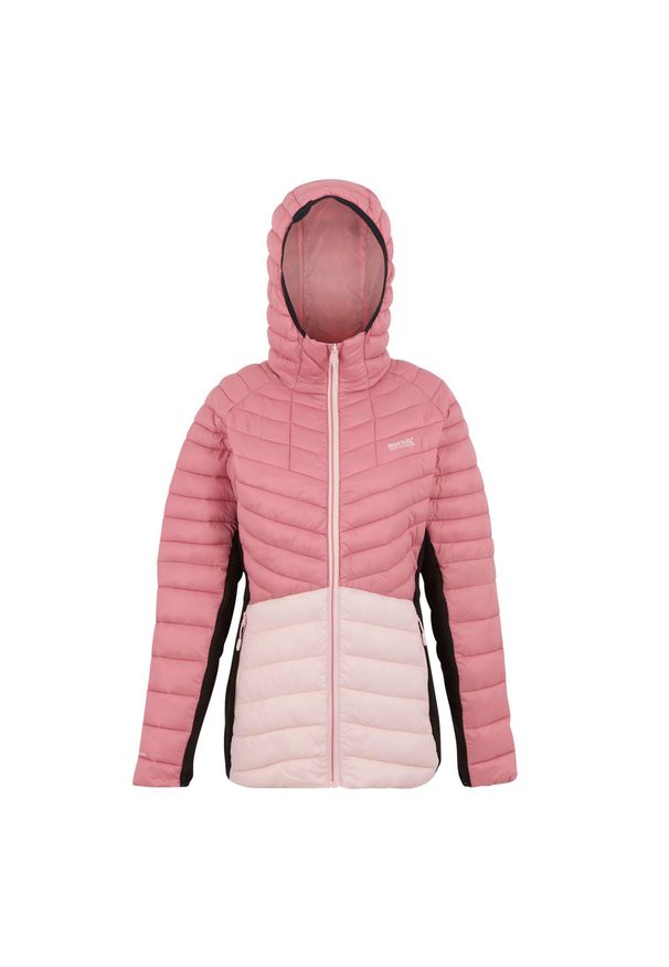 Regatta - Kurtka damska hybrydowa z kapturem Leedre. Typ kołnierza: kaptur. Kolor: różowy. Materiał: puch, syntetyk. Sport: turystyka piesza