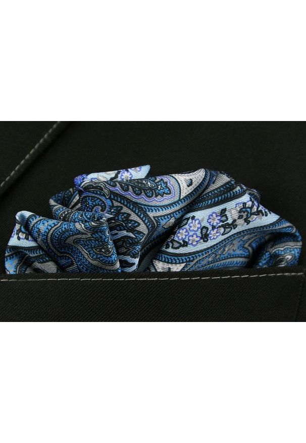 Niebieska Męska Poszetka -EM Men's Accessories- w Kwiaty, Wzór Orientalny. Kolor: niebieski. Materiał: mikrofibra. Wzór: kwiaty