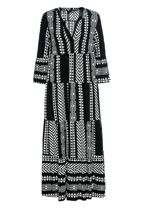 Długa sukienka z nadrukiem bonprix czarno-biel wełny wzorzysty. Kolor: czarny. Materiał: wełna. Wzór: nadruk. Długość: maxi
