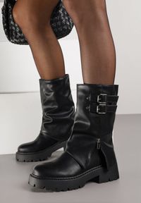 Renee - Czarne Botki Biker Boots VICES ze Sprzączkami i Cholewką Imitującą Nogawkę Anevita. Zapięcie: sprzączka. Kolor: czarny. Materiał: jeans, koronka, skóra. Szerokość cholewki: normalna. Styl: rockowy #6