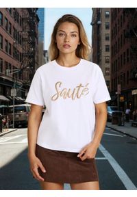 Sinsay - Bawełniana koszulka z połyskującymi aplikacjami - biały. Kolor: biały. Materiał: bawełna. Wzór: aplikacja #1