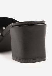 Born2be - Czarne Klapki na Słupku z Kwadratowym Noskiem i Metaliczną Aplikacją Sivrinah. Okazja: na co dzień. Kolor: czarny. Materiał: jeans. Wzór: aplikacja. Sezon: lato. Obcas: na słupku. Styl: casual, elegancki, klasyczny #7