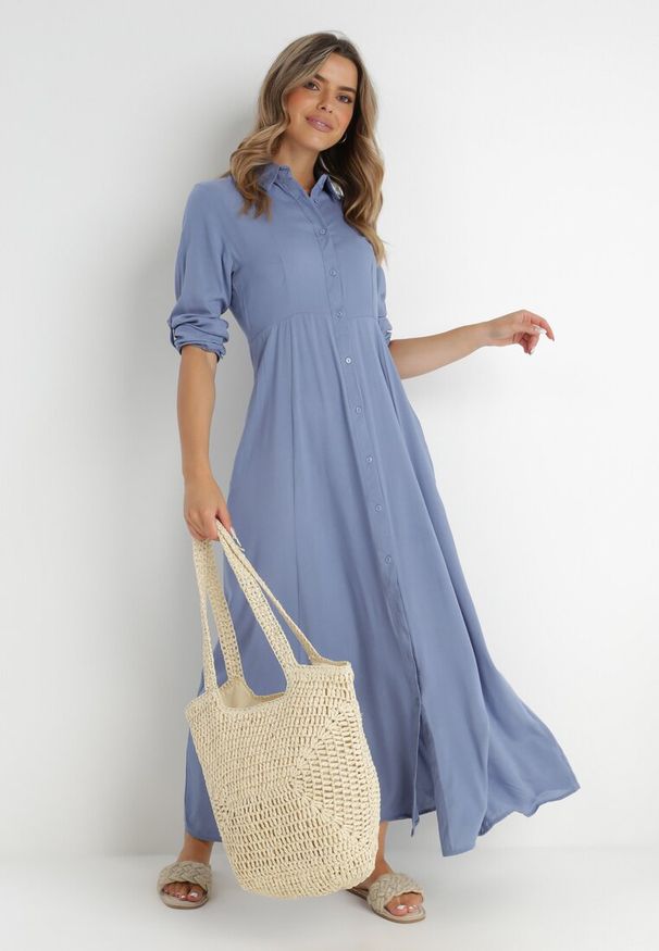 Born2be - Niebieska Sukienka Controllable. Okazja: na co dzień. Kolor: niebieski. Długość rękawa: długi rękaw. Typ sukienki: rozkloszowane, szmizjerki. Styl: casual, klasyczny. Długość: maxi