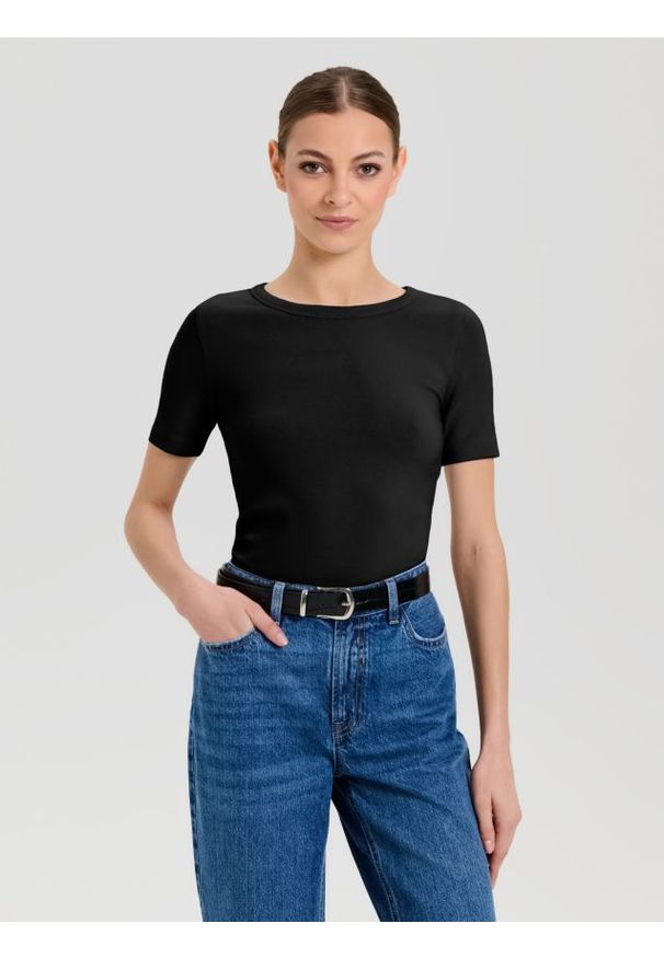 Sinsay - Bawełniana koszulka basic - czarny. Kolor: czarny. Materiał: bawełna
