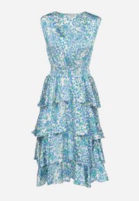 Born2be - Niebieska Sukienka z Kopertowym Dekoltem i Gumką w Pasie z Falbankami Dimolia. Okazja: na co dzień. Typ kołnierza: kołnierz z falbankami. Kolor: niebieski. Materiał: tkanina, skóra. Sezon: lato. Typ sukienki: kopertowe. Styl: elegancki, casual, klasyczny #2