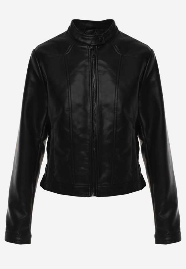 Born2be - Czarna Kurtka Ramoneska o Taliowanym Kroju ze Stójką Fezinia. Okazja: na co dzień. Typ kołnierza: kołnierzyk stójkowy. Kolor: czarny. Materiał: poliester, jeans. Styl: casual, elegancki