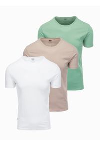 Ombre Clothing - Zestaw męskich koszulek bawełnianych BASIC z okrągłym dekoltem – szarozielony/biały/beżowy V14 OM-TSBS-0232 - XXL. Okazja: na co dzień. Kolor: zielony. Materiał: bawełna. Styl: klasyczny, casual