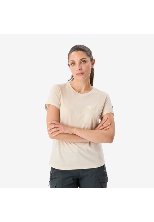 SIMOND - Koszulka turystyczna damska z krótkim rękawem Simond Merino. Kolor: beżowy. Materiał: wełna, materiał. Długość rękawa: krótki rękaw. Długość: krótkie. Sport: turystyka piesza