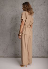 Renee - Beżowy Komplet z Wiskozy Spodnie Wide Leg i Bluzka ze Ściągaczem w Talii Daemnell. Kolor: beżowy. Materiał: wiskoza #7