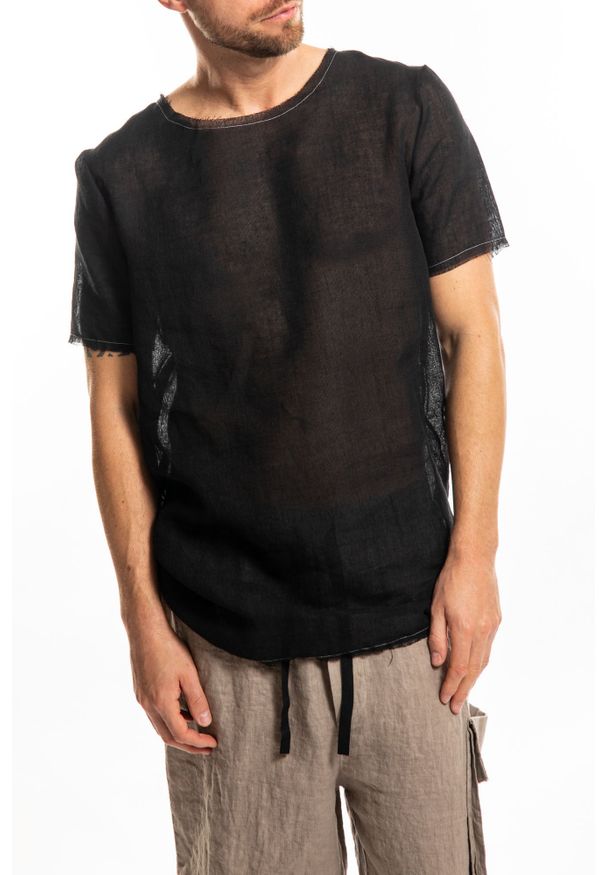 Takeshy Kurosawa T-shirt "Lino" | 83333 | Lino | Mężczyzna | Czarny. Okazja: na co dzień. Kolor: czarny. Materiał: bawełna, poliester, len. Wzór: aplikacja. Styl: casual