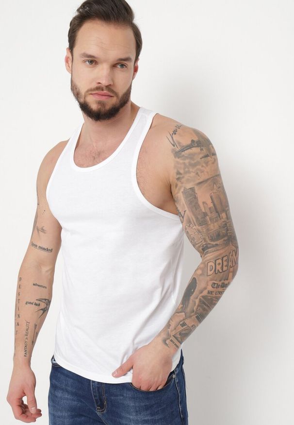 Born2be - Biała Koszulka Bez Rękawów w Stylu Tank Topu Lysbeth. Kolor: biały. Materiał: jeans. Długość rękawa: bez rękawów