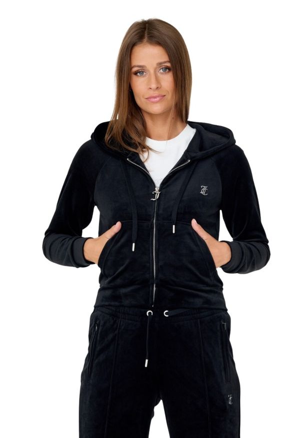 Juicy Couture - JUICY COUTURE Czarna damska bluza Madison, Rozmiar L. Kolor: czarny. Materiał: welur, poliester, materiał. Wzór: aplikacja