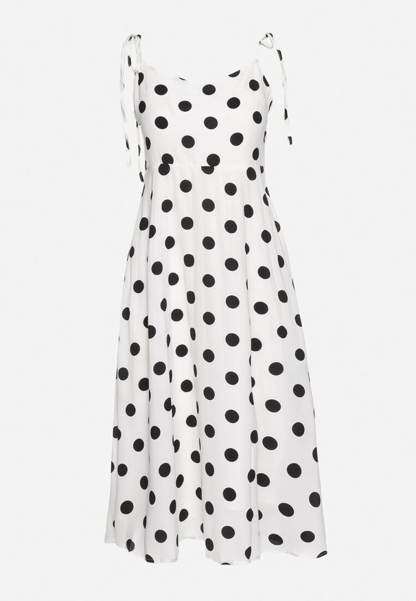 Born2be - Biała Sukienka na Wiązanych Ramiączkach w Kropki Vikiimae. Typ kołnierza: dekolt w kształcie V. Kolor: biały. Długość rękawa: na ramiączkach. Wzór: kropki
