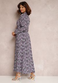 Renee - Granatowo-Fioletowa Sukienka Adreabel. Kolor: niebieski. Wzór: kwiaty. Typ sukienki: koszulowe. Długość: maxi