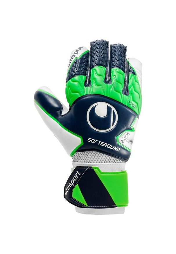 UHLSPORT - Rękawice bramkarskie Uhlsport Soft HN Comp Navy/Fluo 11. Kolor: zielony, niebieski, wielokolorowy. Materiał: poliester, nylon. Sport: piłka nożna