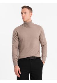 Ombre Clothing - Męski dzianinowy golf z wiskozą – ciemnobeżowy melanż V3 - Rozmiar: M. Typ kołnierza: golf. Kolor: beżowy. Materiał: wiskoza, dzianina. Wzór: melanż. Styl: klasyczny, elegancki
