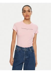 Tommy Jeans T-Shirt Linear DW0DW18398 Różowy Slim Fit. Kolor: różowy. Materiał: bawełna #1
