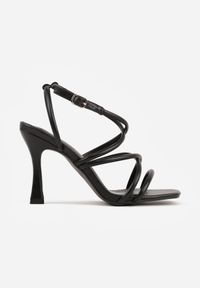 Born2be - Czarne Sandały na Geometrycznej Szpilce z Kwadratowym Noskiem Myssesis. Okazja: na co dzień. Zapięcie: sprzączka. Kolor: czarny. Wzór: geometria. Sezon: lato. Styl: wizytowy, casual, elegancki #6