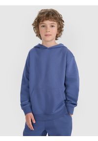 4f - 4F Bluza dresowa nierozpinana z kapturem chłopięca - niebieska 140 (9-10 lat). Okazja: na co dzień. Typ kołnierza: kaptur. Kolor: niebieski. Materiał: dresówka. Wzór: gładki, ze splotem. Sezon: lato. Styl: sportowy, casual, młodzieżowy #1