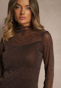 Renee - Brązowa Bluzka Longsleeve z Golfem z Siateczki z Metaliczną Nitką Azeda. Okazja: na co dzień. Typ kołnierza: golf. Kolor: brązowy. Materiał: jeans. Długość rękawa: długi rękaw. Styl: casual, elegancki