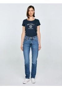 Big-Star - Koszulka damska z nadrukiem granatowa Serra 403. Okazja: na co dzień. Kolor: niebieski. Materiał: dzianina, bawełna, jeans. Długość rękawa: krótki rękaw. Długość: krótkie. Wzór: nadruk. Sezon: zima. Styl: wizytowy, casual, retro, klasyczny #6