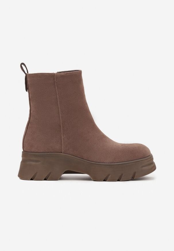 Renee - Ciemnobeżowe Casualowe Botki z Ekozamszu na Platformie Naolara. Okazja: na co dzień. Kolor: brązowy. Materiał: jeans. Obcas: na platformie. Styl: casual