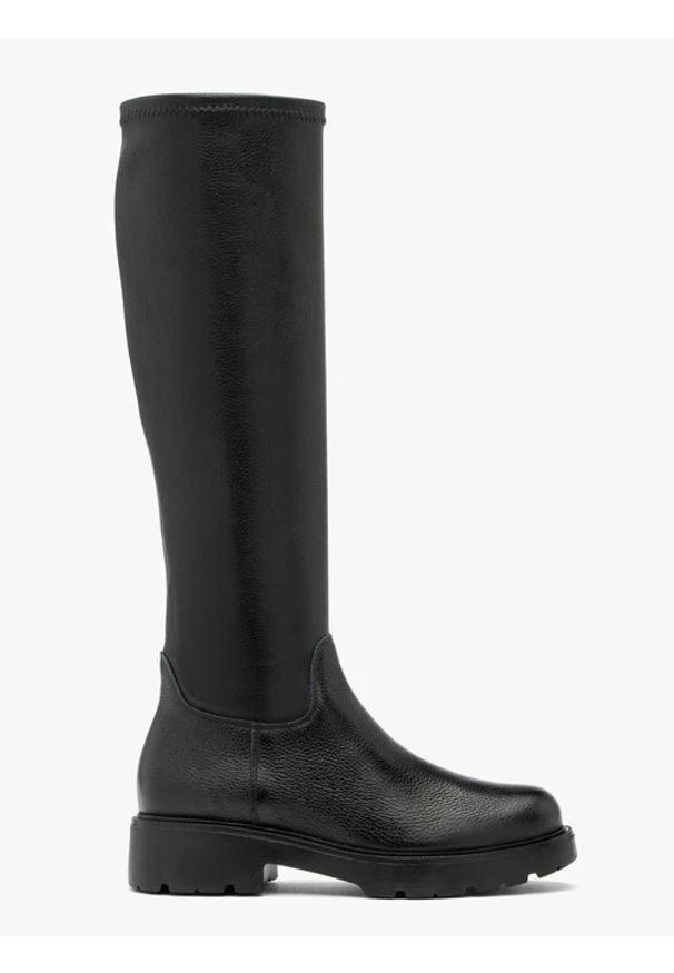 Ryłko - Czarne kozaki z elastyczną cholewką na lekkim spodzie. Nosek buta: okrągły. Zapięcie: zamek. Kolor: czarny. Materiał: skóra. Szerokość cholewki: normalna. Obcas: na obcasie. Styl: street. Wysokość obcasa: średni