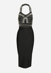 Born2be - Czarna Dopasowana Sukienka z Wiskozą z Dekoltem Halter i Rozcięciem Zdobiona Perłami Sanithiel. Okazja: na imprezę. Typ kołnierza: dekolt halter. Kolor: czarny. Materiał: wiskoza. Wzór: aplikacja #5