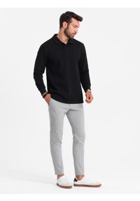 Ombre Clothing - Bluza męska z kołnierzykiem polo ze strukturalnej dzianiny - czarna V8. Typ kołnierza: polo. Kolor: czarny. Materiał: dzianina #2