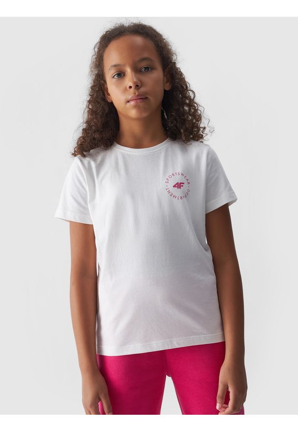 4f - 4F T-shirt gładki dziewczęcy - biały 146 (10-11 lat). Okazja: na co dzień. Kolor: biały. Materiał: bawełna, jersey, dzianina. Długość rękawa: krótki rękaw. Długość: krótkie. Wzór: gładki. Sezon: lato. Styl: sportowy, klasyczny, casual