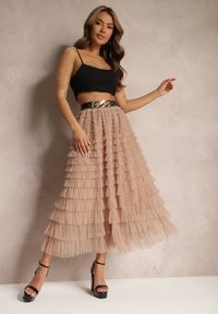 Renee - Beżowa Spódnica Midi z Tiulowymi Falbankami Kontha. Kolor: beżowy. Materiał: tiul. Styl: glamour, elegancki