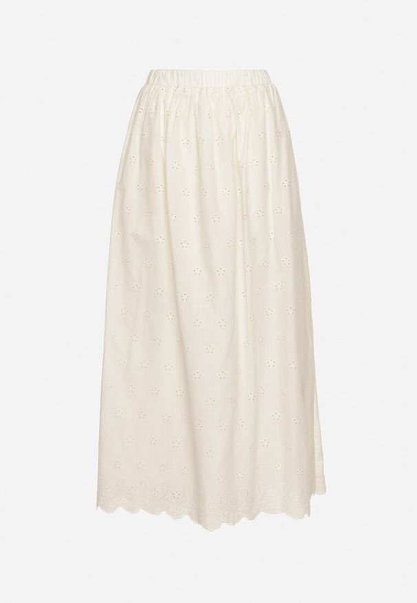 Born2be - Jasnobeżowa Rozkloszowana Spódnica z Bawełnianej Haftowanej Tkaniny z Gumką w Pasie i Podszewką Moonxira. Okazja: na co dzień. Kolor: beżowy. Materiał: bawełna, tkanina. Wzór: haft. Styl: casual, elegancki