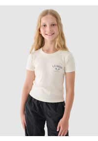 4f - 4F T-shirt cropped z nadrukiem dziewczęcy - biały 134 (8-9 lat). Okazja: na co dzień. Kolor: biały. Materiał: dzianina, materiał, bawełna. Długość rękawa: krótki rękaw. Długość: krótkie. Wzór: nadruk. Sezon: lato. Styl: sportowy, casual