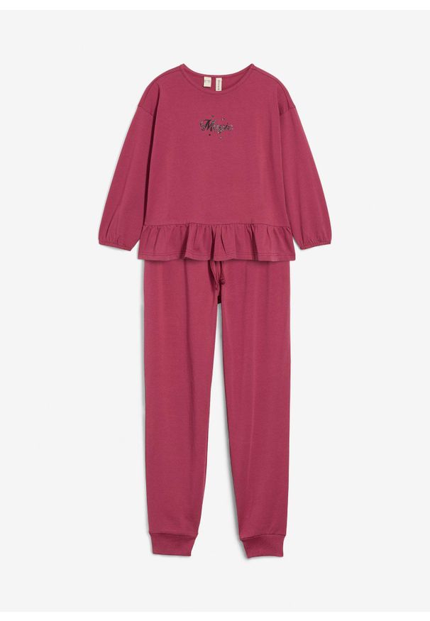 bonprix - Koszulka i spodnie do jogginu z bawełny organicznej(2 części). Kolor: fioletowy. Materiał: bawełna. Wzór: nadruk