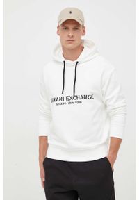 Armani Exchange bluza bawełniana męska kolor beżowy z kapturem z nadrukiem. Typ kołnierza: kaptur. Kolor: beżowy. Materiał: bawełna. Wzór: nadruk