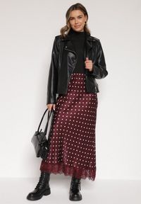 Born2be - Bordowa Wiskozowa Spódnica z Wysokim Stanem w Kropki z Koronką Monivesa. Okazja: na co dzień. Stan: podwyższony. Kolor: czerwony. Materiał: wiskoza, koronka. Wzór: kropki, koronka. Styl: casual, elegancki #6