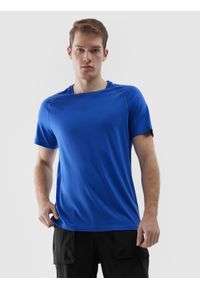 4f - Koszulka trekkingowa z wełną Merino męska - kobaltowa. Kolor: niebieski. Materiał: wełna. Długość rękawa: raglanowy rękaw. Wzór: gładki, ze splotem. Styl: klasyczny