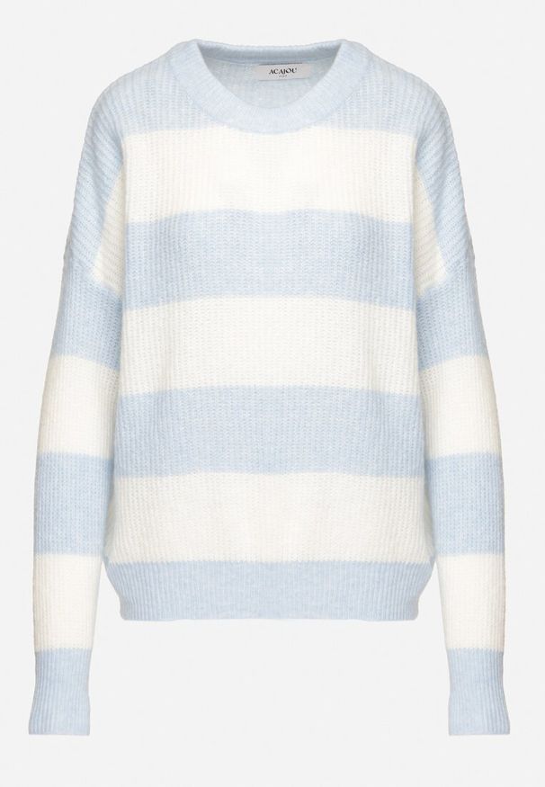 Born2be - Jasnoniebieski Sweter w Pasy z Wełną Zakończony Ściągaczem Tiaelle. Okazja: na co dzień, na spotkanie biznesowe. Kolor: niebieski. Materiał: wełna. Styl: biznesowy, klasyczny, casual