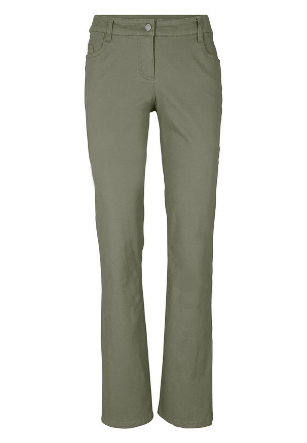 Spodnie ze stretchem BOOTCUT bonprix oliwkowy. Kolor: zielony. Materiał: materiał, bawełna, elastan