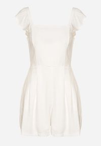 Born2be - Biały Kombinezon Bawełniany na Ramiączkach z Falbanką i Krótkimi Nogawkami Liadia. Kolor: biały. Materiał: bawełna. Długość rękawa: na ramiączkach. Długość: krótkie. Styl: klasyczny #2