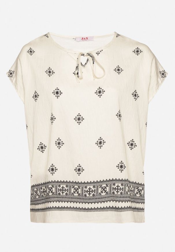 Born2be - Jasnobeżowa Bluzka ze Wzorem w Stylu Boho Frolzedi. Okazja: na co dzień. Kolor: beżowy. Materiał: jeans. Styl: boho