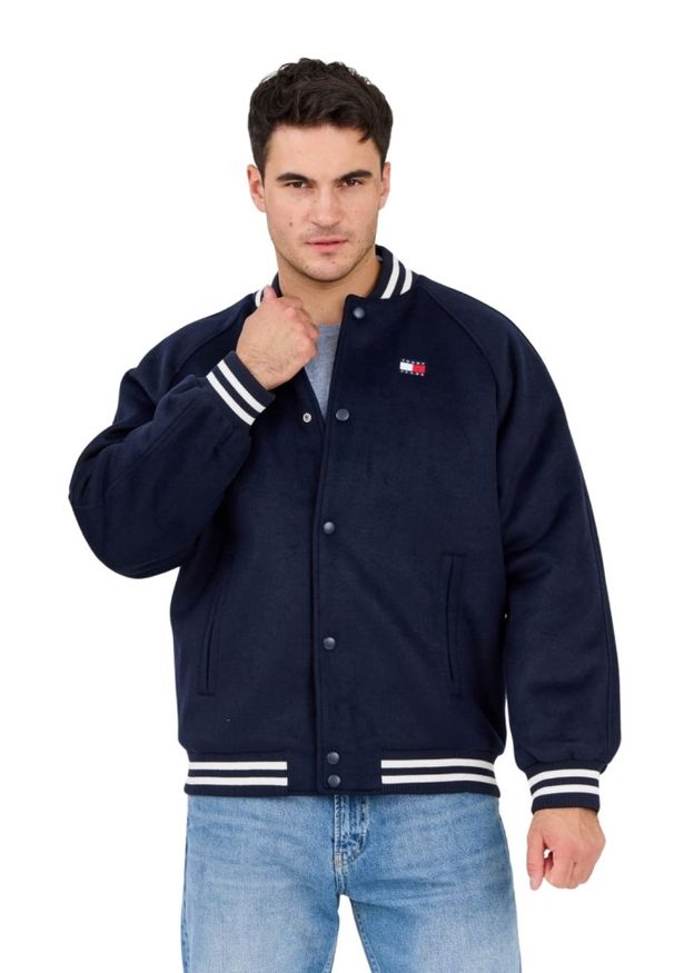 Tommy Jeans - TOMMY JEANS Granatowy męski bomber z domieszką wełny Varsity. Okazja: na co dzień. Kolor: niebieski. Materiał: wełna. Wzór: paski. Styl: sportowy, klasyczny, elegancki, casual