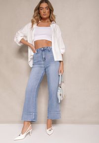 Renee - Niebieskie Szerokie Jeansy z Bawełną High Waist z Mankietami Dlinntia. Okazja: na co dzień. Stan: podwyższony. Kolor: niebieski. Styl: klasyczny, elegancki, casual