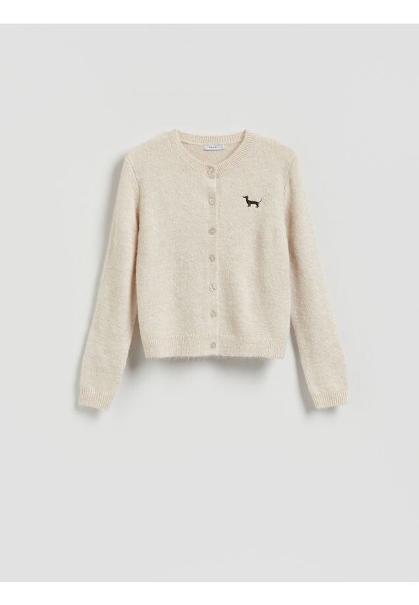Reserved - Kardigan z haftem - kremowy. Kolor: kremowy. Materiał: dzianina, wełna. Wzór: haft