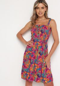 Born2be - Fioletowo-Pomarańczowa Wiskozowa Sukienka z Gumką w Talii na Cienkich Ramiączkach z Guzikami Opelea. Okazja: na co dzień. Kolor: fioletowy. Materiał: wiskoza. Długość rękawa: na ramiączkach. Sezon: lato. Styl: casual, elegancki #7