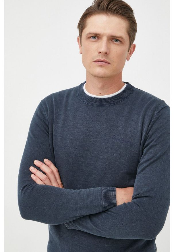 Pepe Jeans sweter bawełniany męski kolor granatowy lekki. Okazja: na co dzień. Kolor: niebieski. Materiał: bawełna. Długość rękawa: długi rękaw. Długość: długie. Styl: casual