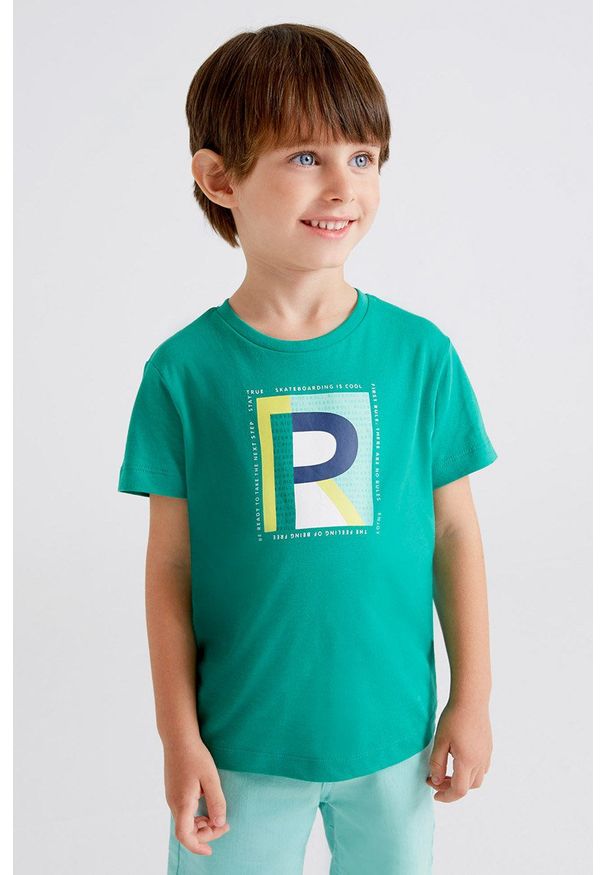 Mayoral T-shirt bawełniany dziecięcy (2-pack) kolor zielony z nadrukiem. Okazja: na co dzień. Kolor: zielony. Materiał: bawełna. Wzór: nadruk. Styl: casual